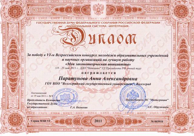 Диплом за победу в VI-м Всероссийском конкурсе